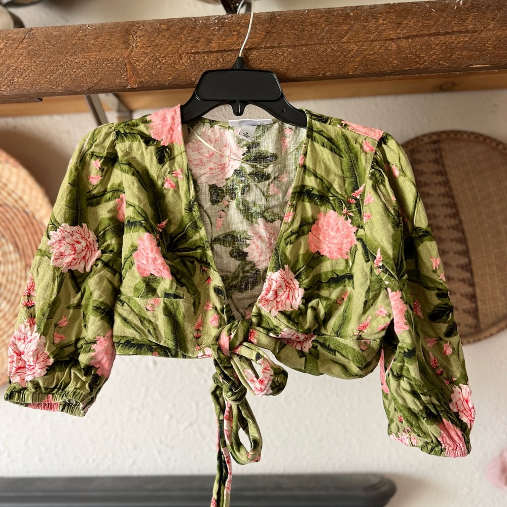 Tropical Peony print tie wrap top Agua Bendita x Target linen blend medium